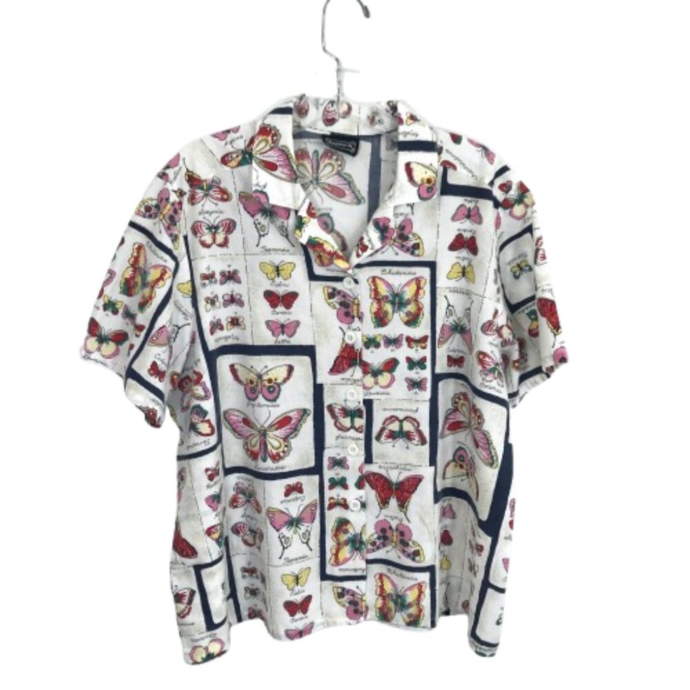 Vintage Butterfly Print Button Down Shirt Multicolor Women L Petite, BonWorth